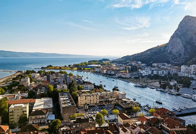 High angle view of coastal town of omiš in croatia.