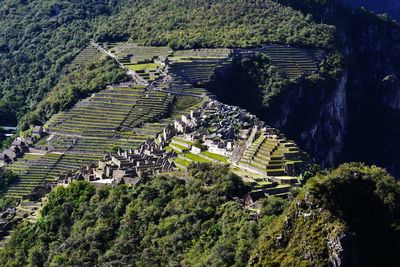 High angle view of old ruins against sky