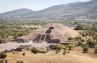 High angle view of old ruins against sky