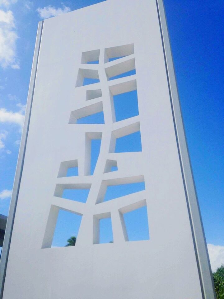 low angle view, blue, day, sky, no people, outdoors, close-up, architecture