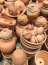 High angle view of earthenware for sale at market stall