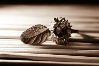 Close-up of ring and leaf on table