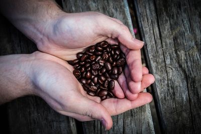 Close-up of hands holding coffee beans