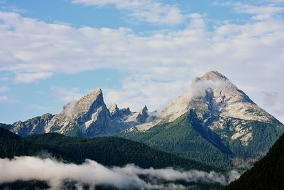 Scenic view of rocky mountains against cloudy sky