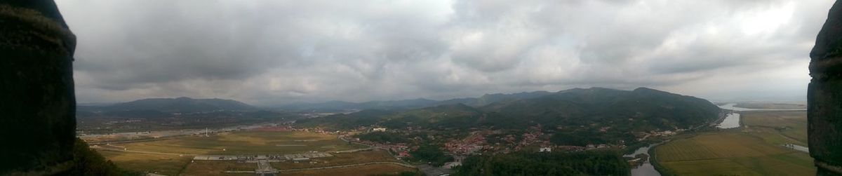 Scenic view of mountains against cloudy sky