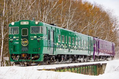 Train on railroad tracks during winter