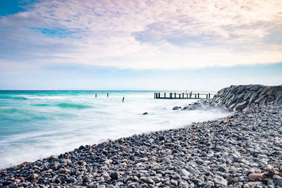 Damaged port pier at old fishing village vitt. the coast of landkreis vorpommern, ruegen, germany