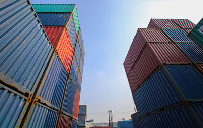 Low angle view of  containers box against clear sky