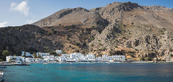 Bay and village of loutro from the mediterranean sea in southern crete, greece