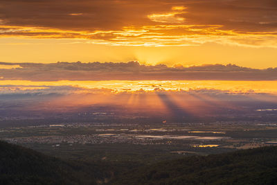 A breathtaking sunset over the rhine plain, the alsace and the northern mountains of the vosges.