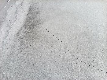 High angle view of footprints on snow at field