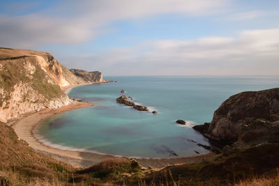 Scenic view of bay against sky