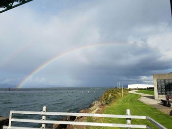 Scenic view of rainbow over sea against sky