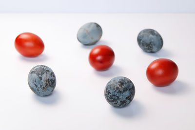 High angle view of easter eggs on white background