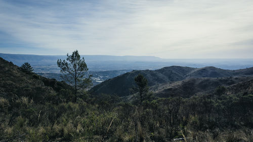 Scenic view of land and mountains against sky