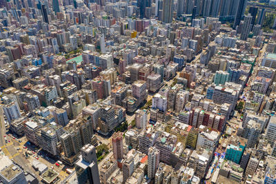 High angle view of modern buildings in city