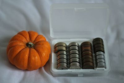 High angle view of pumpkins on table