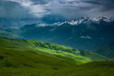 Scenic view of snowcapped mountains against sky