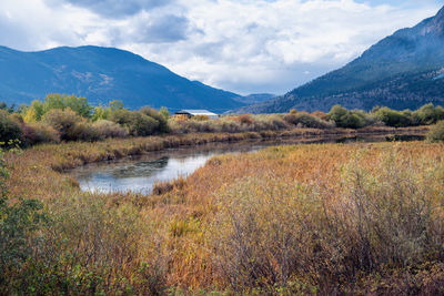 Scenic view of lake and mountains against sky