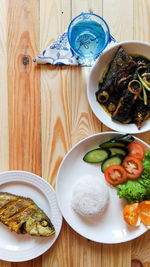 High angle view of meal served on table