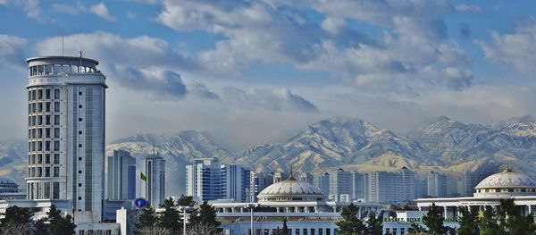 Ashgabat cityscape against mountains