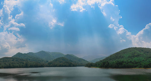 Panoramic view of lake and mountains against sky