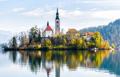 Scenic view of lake by trees against sky