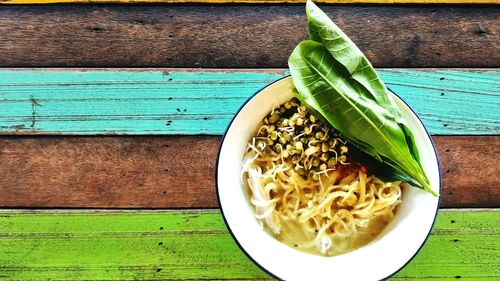 High angle view of pasta in bowl on table