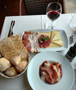 High angle view of breakfast served on table