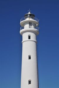 Low angle view of lighthouse against clear blue sky