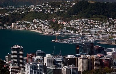 High angle view of city at waterfront