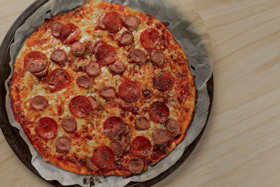 High angle view of pizza on table