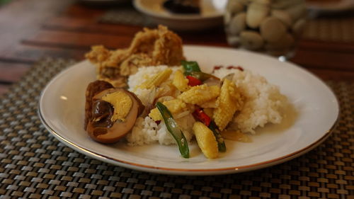 High angle view of meal served on table