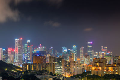 Illuminated buildings in city against sky at night