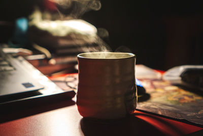 Close-up of tea cup on table