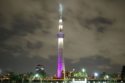 Low angle view of illuminated cityscape against sky