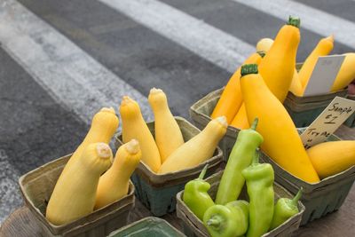 High angle view of yellow vegetables for sale in market