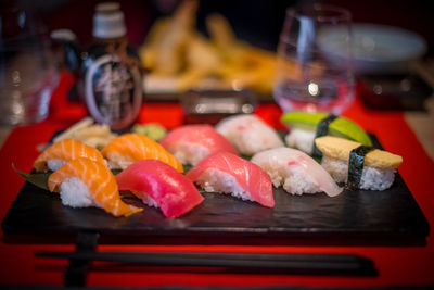 Close-up of sushi served on table