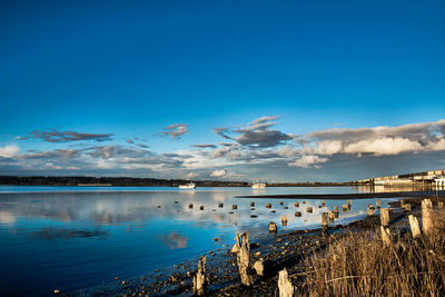 Scenic view of lake against blue sky