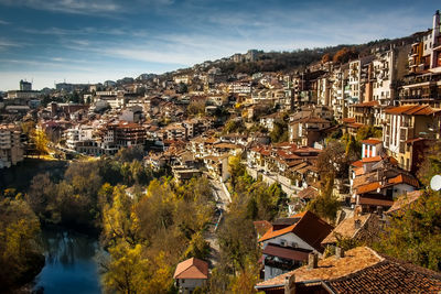 High angle shot of townscape against sky