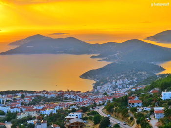 High angle view of townscape against sky during sunset