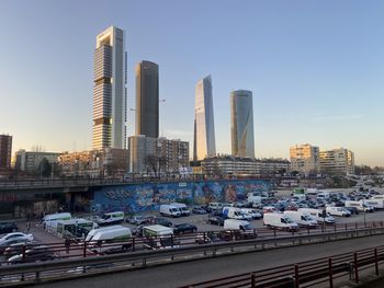 Modern buildings in city against clear sky