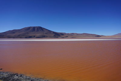 Scenic view of desert against clear blue sky