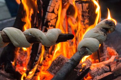 Close-up of marshmallows in bonfire