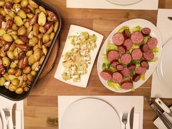 High angle view of fruits in plate on table