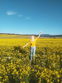 Person standing by yellow flowers on field