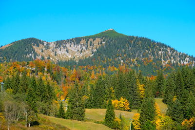 Scenic view of mountains against clear blue sky