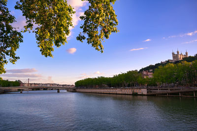 Bridge over river in city against sky