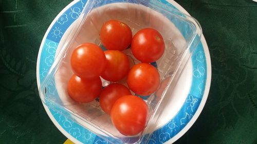 High angle view of tomatoes in bowl on table