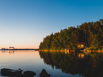 Scenic view of lake against clear blue sky